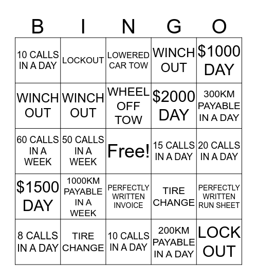 McCracken Towing Bingo Card