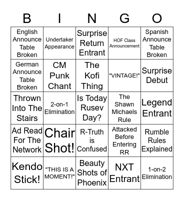 Rumble Bingo Card