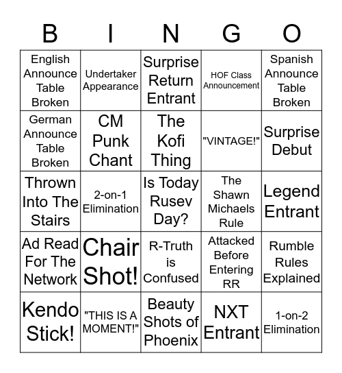 Rumble Bingo Card