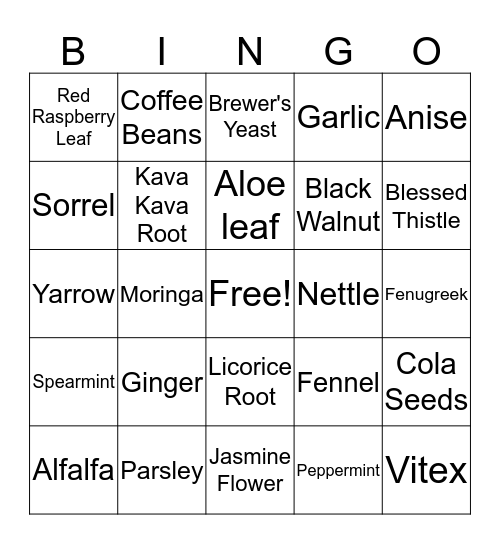 Herb Bingo Card