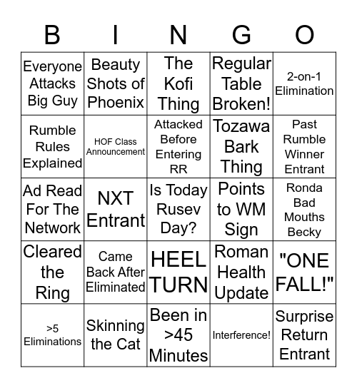 Rumble Bingo Card