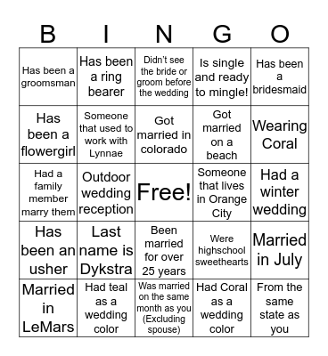 Wedding Guest Bingo Card