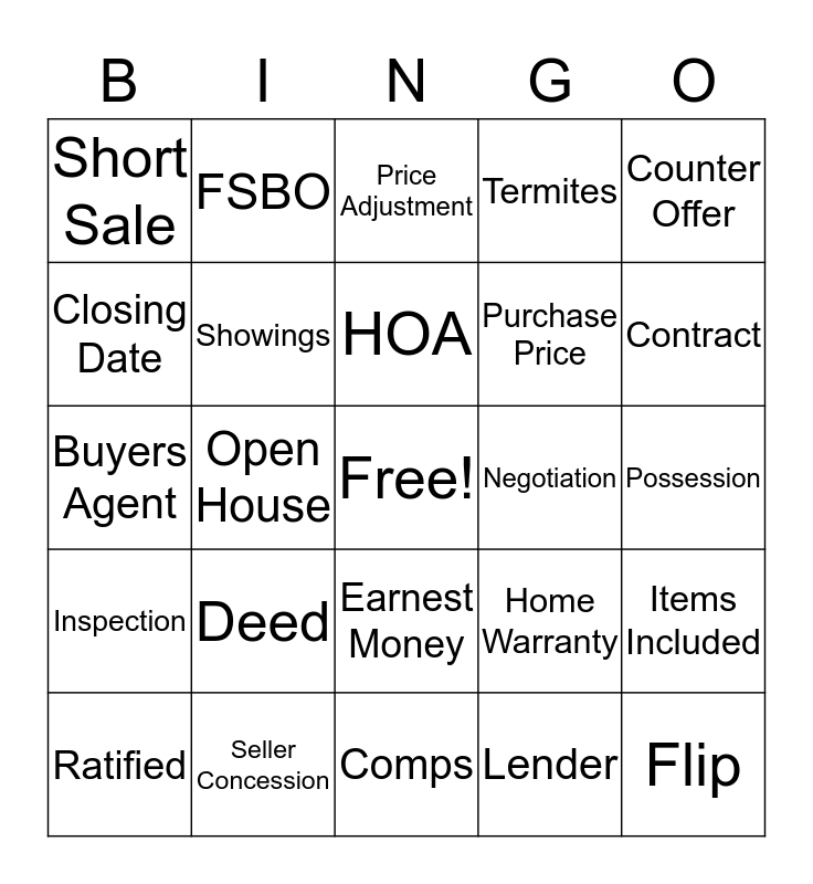 Real Estate Bingo Card