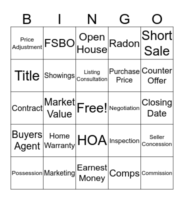 Real Estate Bingo Card