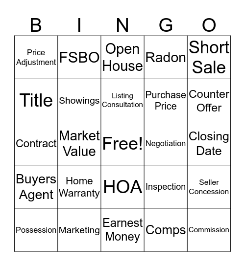 Real Estate Bingo Card