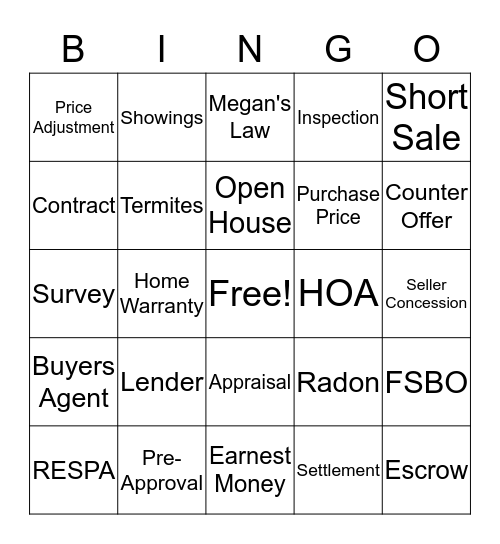 Real Estate Bingo Card