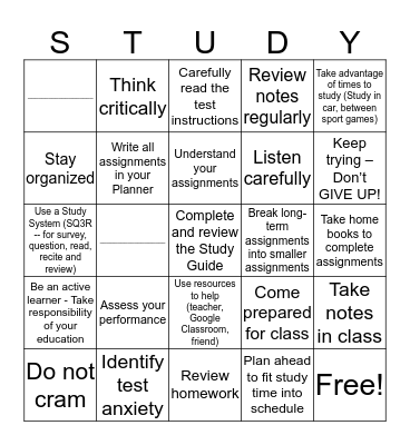 STUDY SKILLS Bingo Card