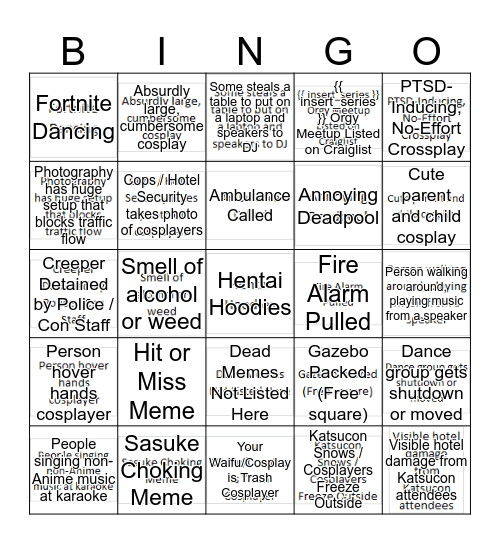 Katsucon 2019 Bingo Card