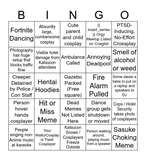 Katsucon 2019 Bingo Card