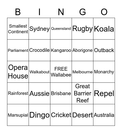 Australian Adventure Bingo Card