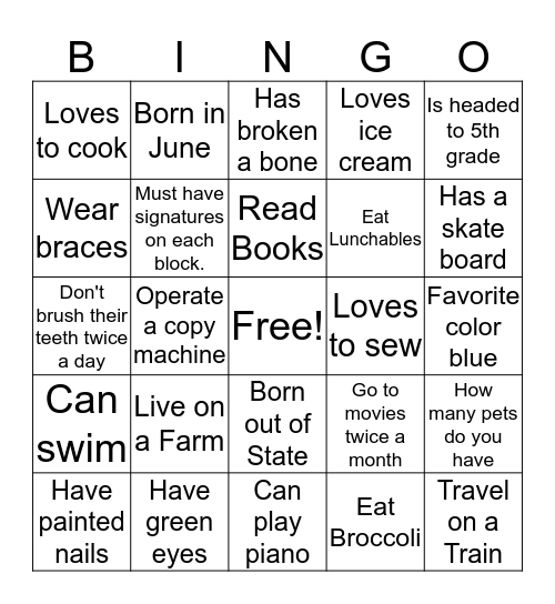 WKW Family Children Bingo Card