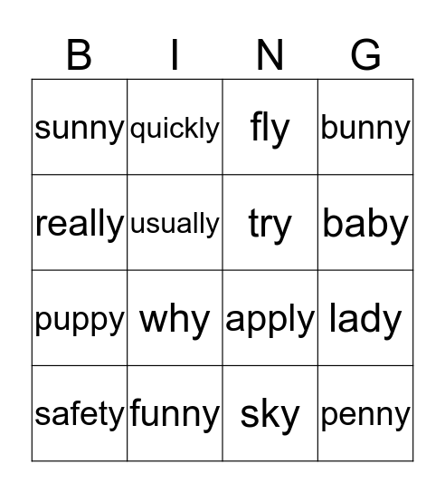 Using y as a Vowel Sound in Words Bingo Card