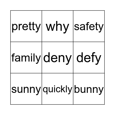 Using y as a Vowel Sound Bingo Card