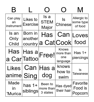 BLOOM Bingo Card