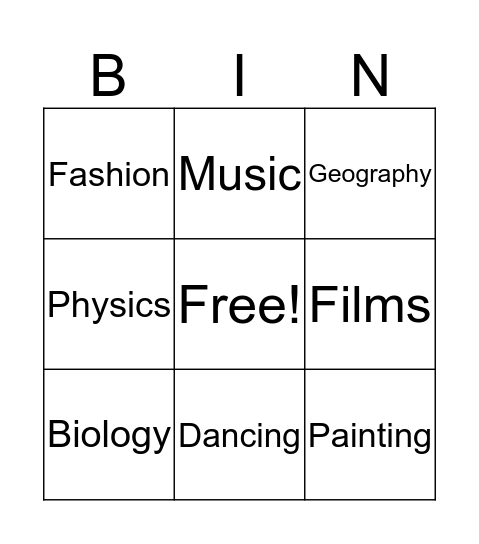 Interests and Activities Bingo Card