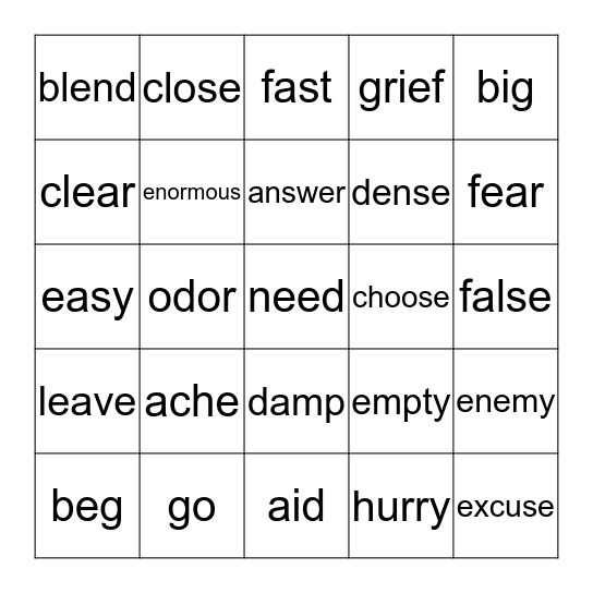 SYNONYMS Bingo Card