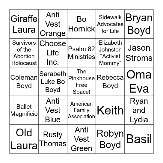 Anti Choice Bingo Card