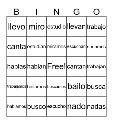 AR verbs Bingo Card