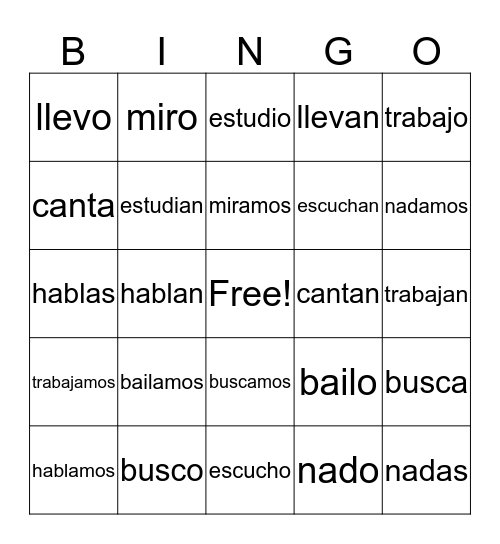 AR verbs Bingo Card