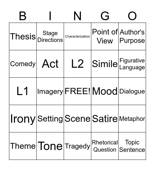 Literary Terms Bingo Card