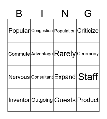 Vocabulary Bingo Card