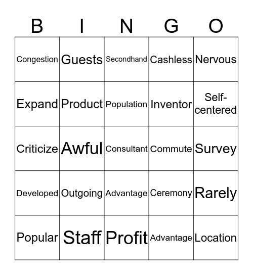 Vocabulary Bingo Card