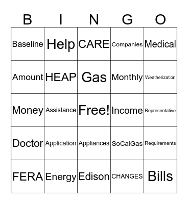 Utility Assistance Bingo Card