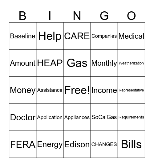 Utility Assistance Bingo Card