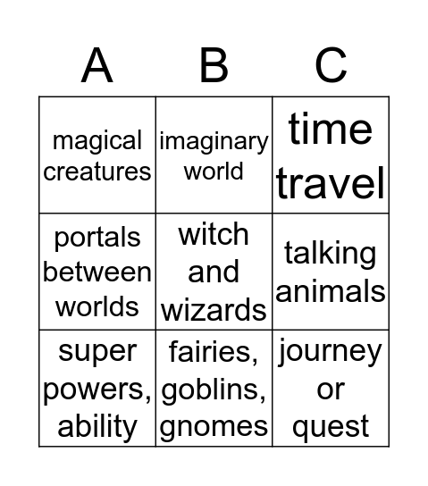 Fantasy Features Bingo Card