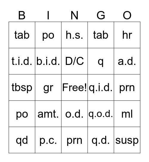 Prescription Abbreviations Bingo Card