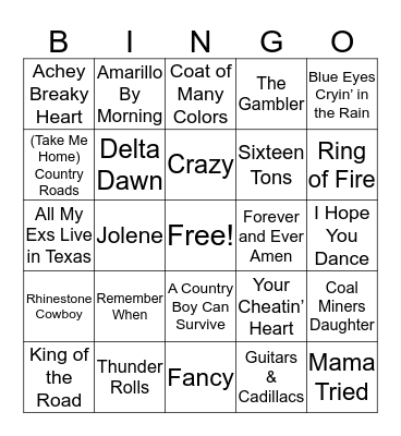 Classic Country MUSIC BINGO Card