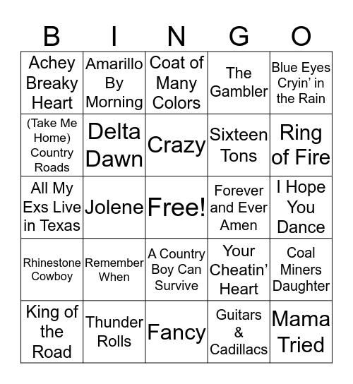 Classic Country MUSIC BINGO Card