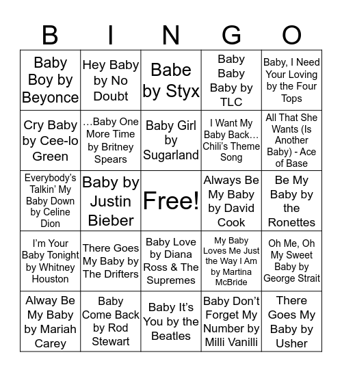 Baby Song Bingo Card