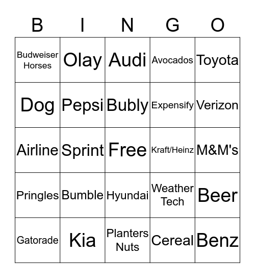 Super Bowl Commercial Bingo Card