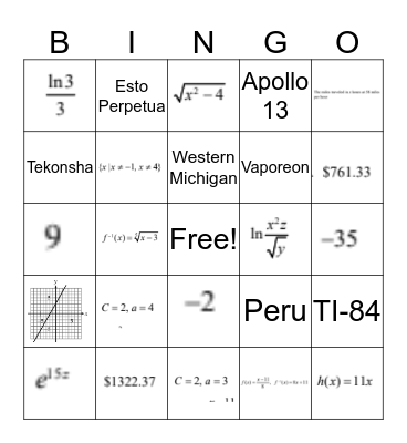 College Algebra Chapter 5 Bingo Card