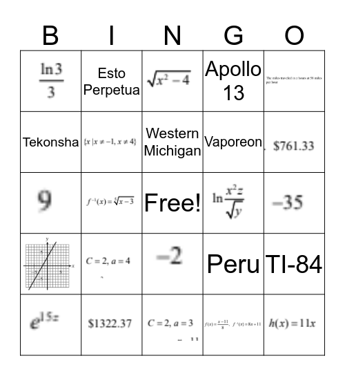 College Algebra Chapter 5 Bingo Card