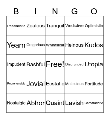 Vexing Vocabulary Bingo Card