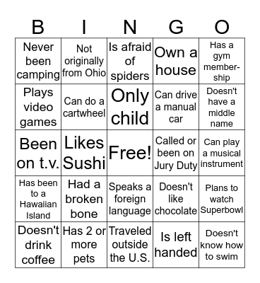 Human Bingo  Bingo Card