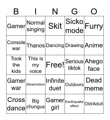 Tiktok bingo Card