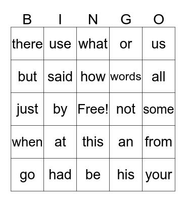 Sight Words Bingo Card
