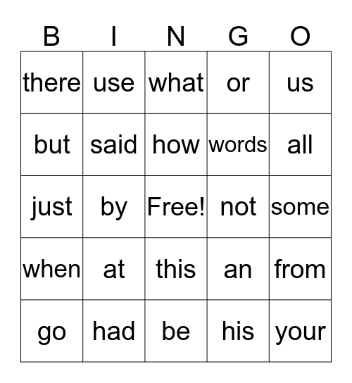 Sight Words Bingo Card