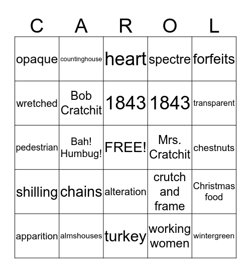 A Christmas CAROL Bingo Card