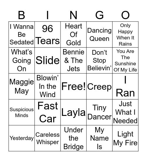 Top 100 Songs Ever Bingo Card