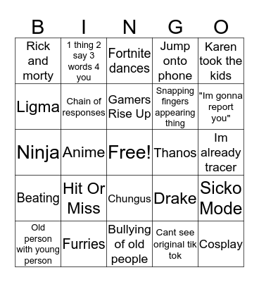 Tik Tok Bingo Card