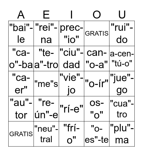 Lotería de sonidos--vocales diptongos e hiatos Bingo Card