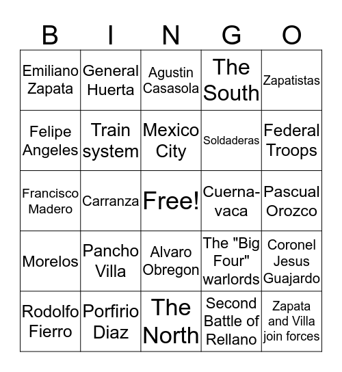 Mexican Revolution Bingo Card