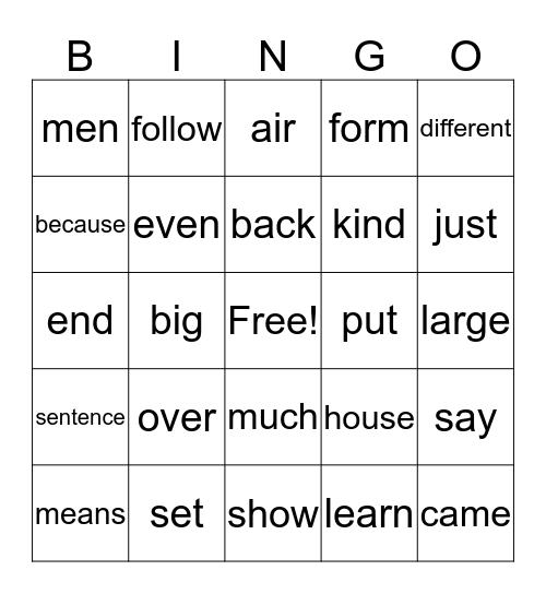 Fry Sight Word List 2 Bingo Card