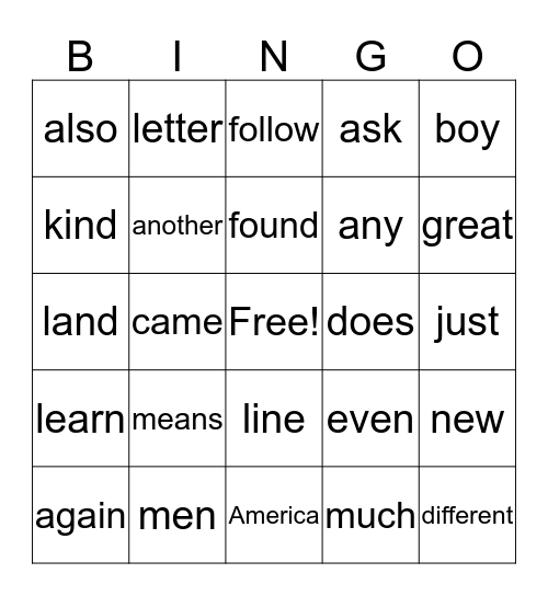 Fry Sight Word List 2 Bingo Card