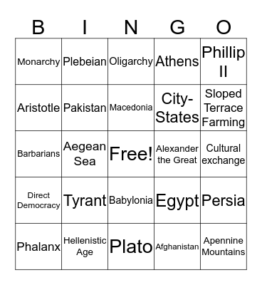 Phillip II & Alexander the Great Bingo Card