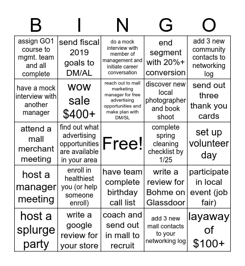 Store Manager's and ASM's Bingo Card